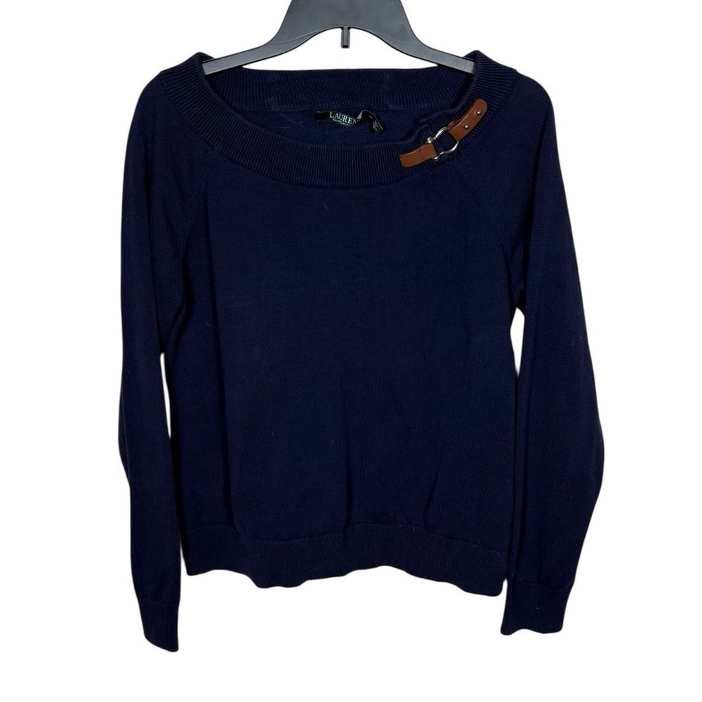 Lauren Ralph Lauren Navy‎ Scoop Neck Sweater Buckle Equestrian Size XL Preppy